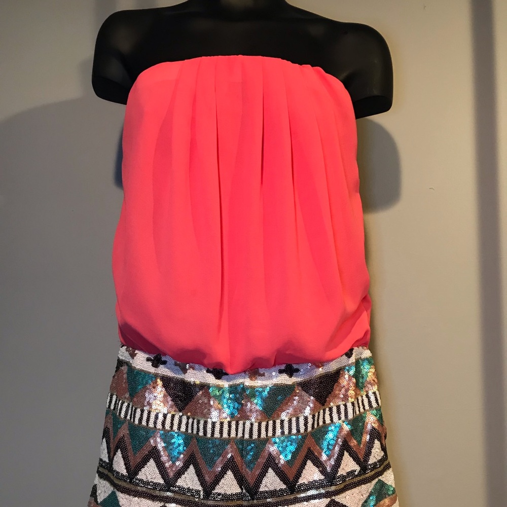 Strapless Salmon Sequined Bottom Romper